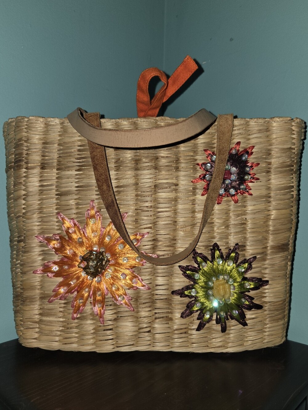 Charter Club Natural Straw Tote with Multicolor Beaded Embroidered Flowers